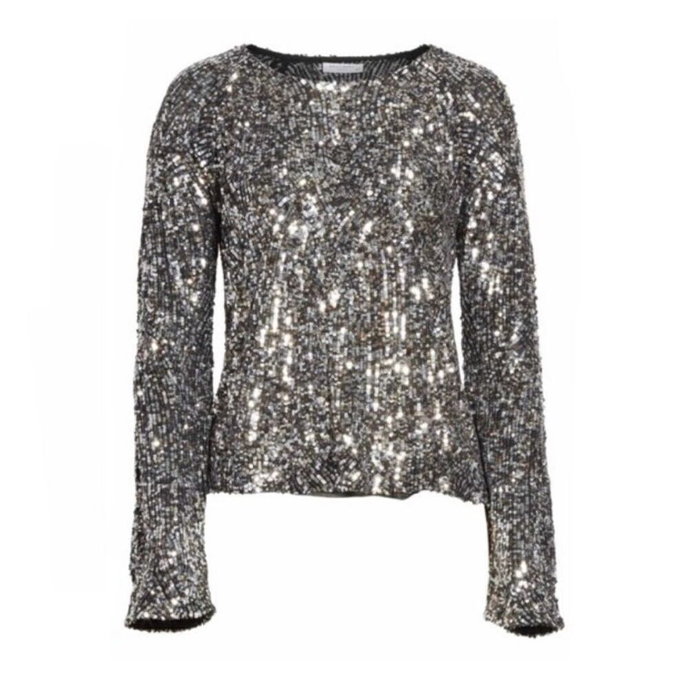 Equipment Abeline Sequin Long Sleeve Top silver black size medium - Picture 5 of 5